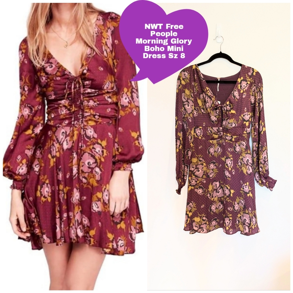 NWT FREE PEOPLE Purple Gold Morning Light Floral Printed Mini Boho Dress Sz 8